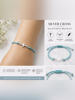 Silver Cross Cord Bracelet in Aqua Blue